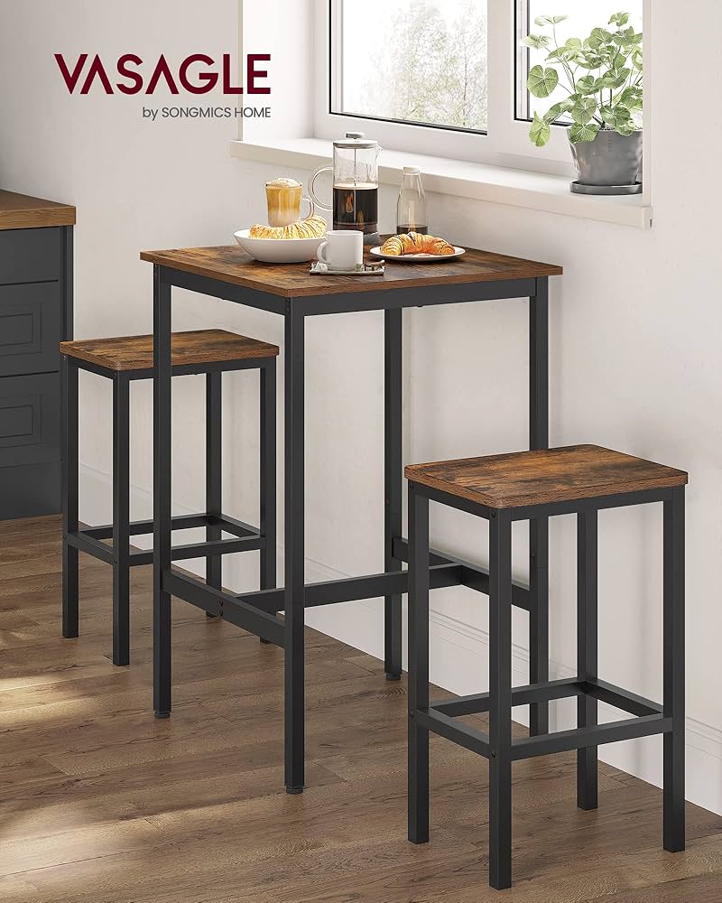 VASAGLE Bar Table and Chairs Set, Square Table with 2 Stools