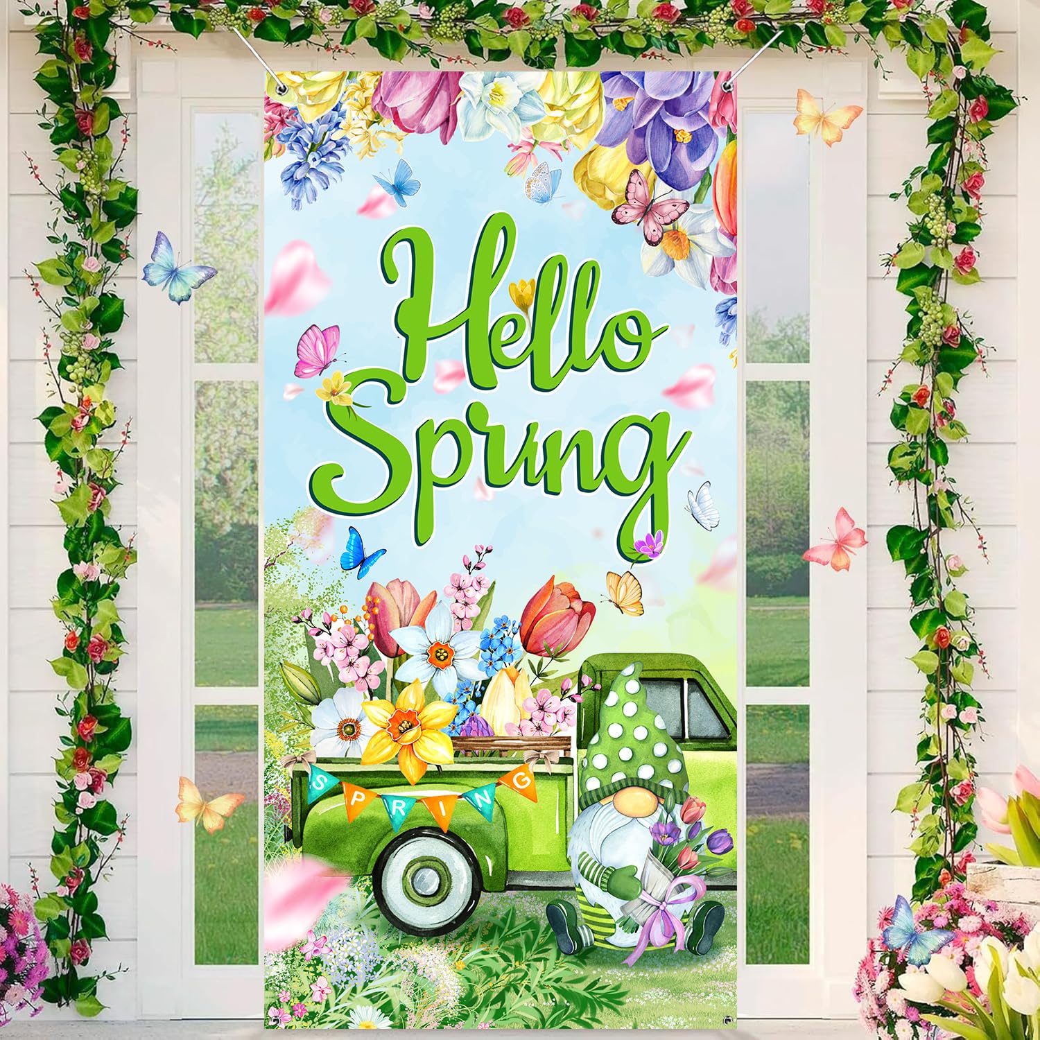 Hello Spring! Door Banner - 70.9" X 35.4" Colorful Floral Butterfly Door Cover For Spring & Easter Decor