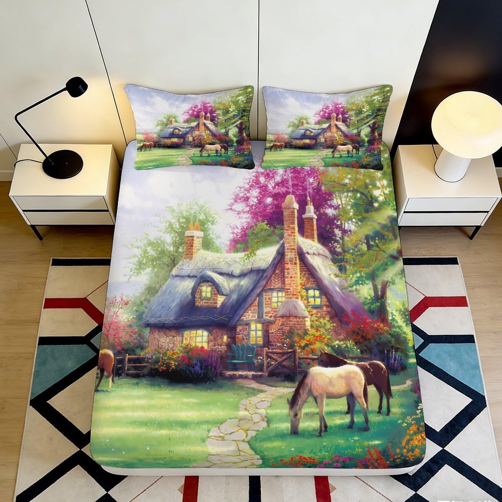 3D Printed Cottage Garden Fitted Sheet Microfiber Soft Breathable Horse Landscape Mattress Cover for Bedroom Guestroom 90x200x25cm