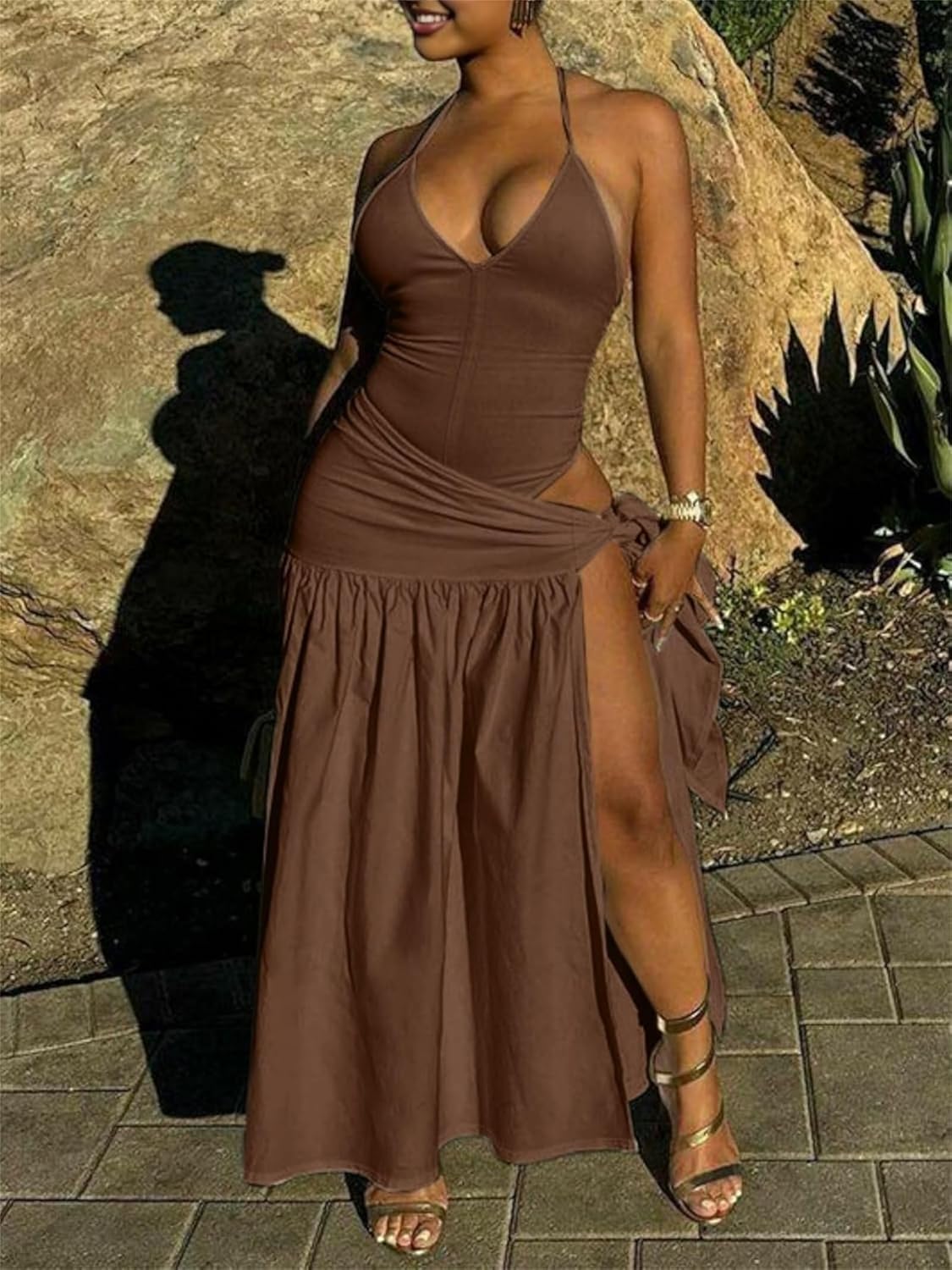 Womens Summer 2 Piece Maxi Skirt Sets Sexy Halter V Neck Backless Thong Bodysuits Wrap Beach Cover Ups Vacation Outfits - Image 3