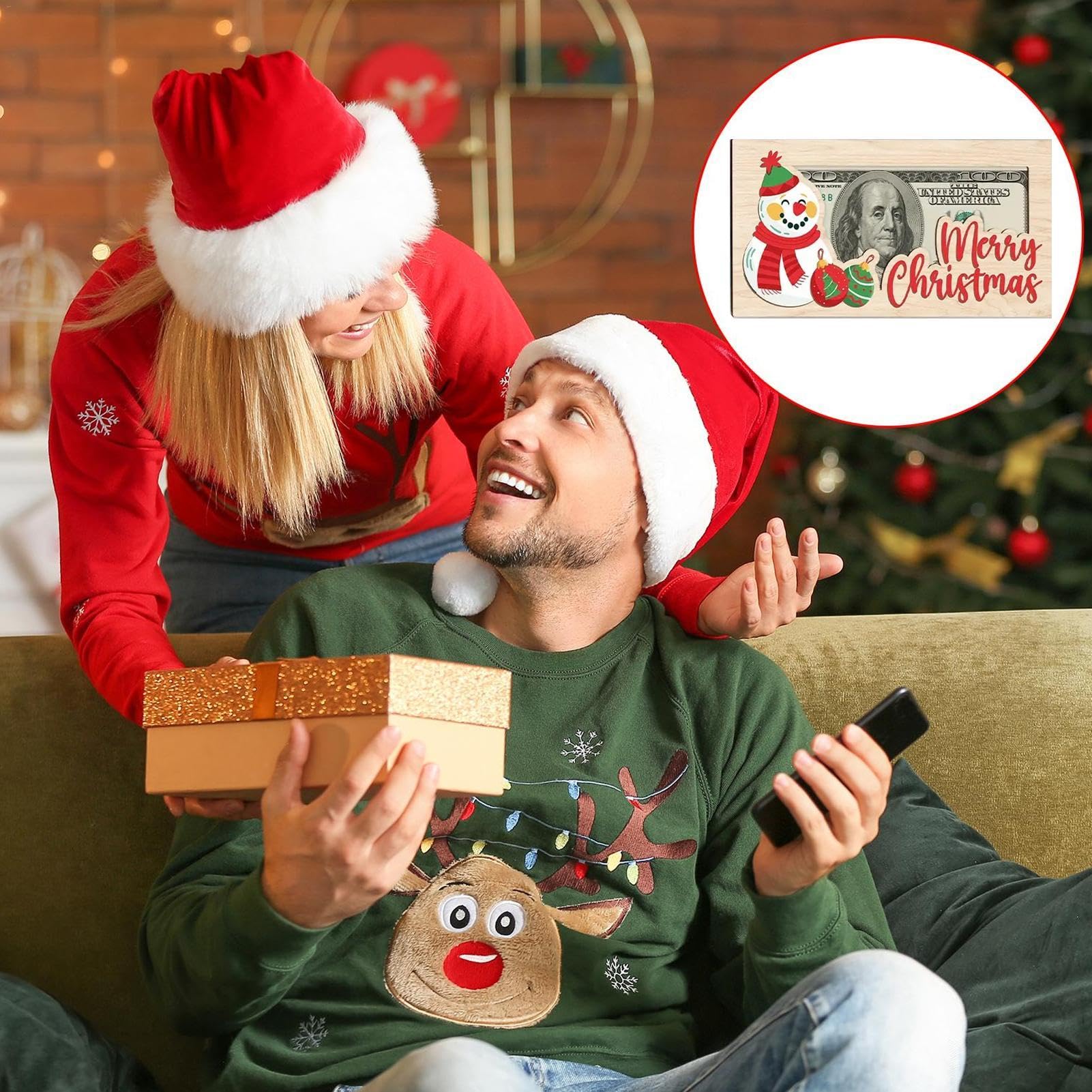 Porte-billets en bois pour cartes de Noël | Porte-billets de Noël en bois pour espèces – Bonhommes de neige et lettres support de cartes de vœux