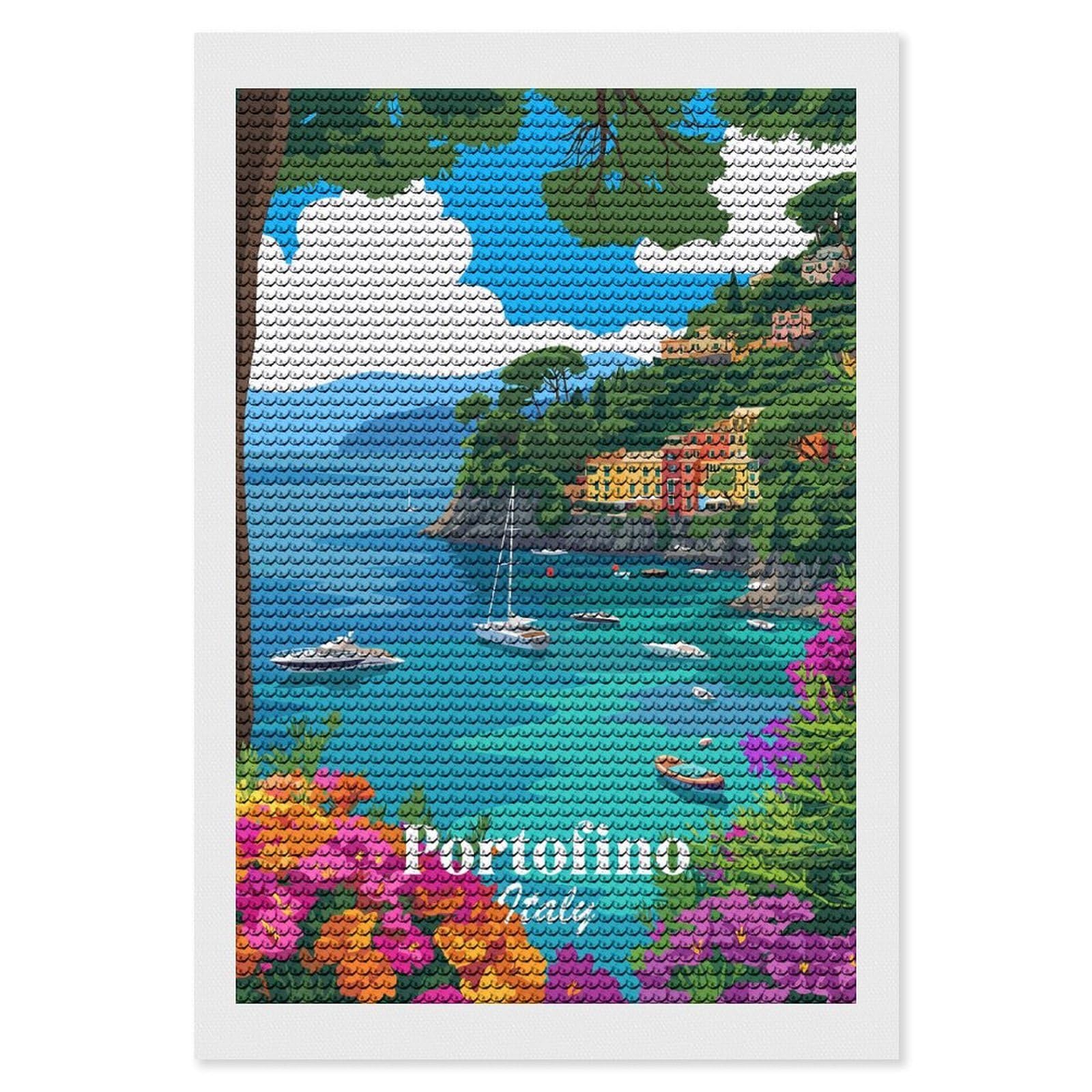 Junmoney Portofino Italy Coastal Scene Diamond Painting Kit 8"x12", Thoughtful Handmade Gift, for Creative Relaxation, Printed Canvas, Cosy Home Accent