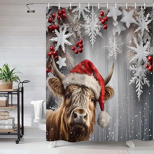 Miniatura 1 de Cortina de ducha divertida de Navidad con diseño de vaca de las tierras altas con sombrero de Navidad, copos de nieve, bayas rojas, grises,