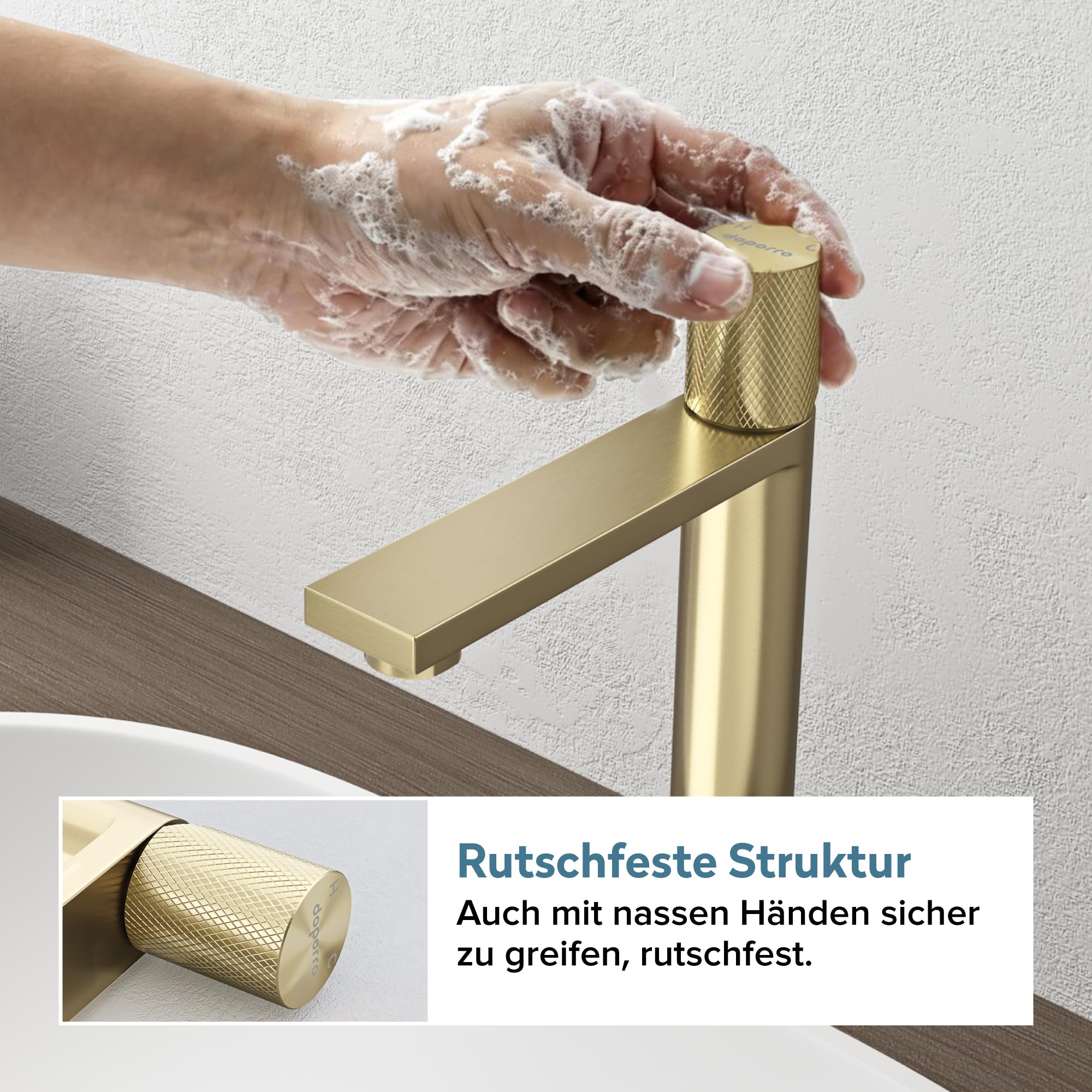 doporro Grifo Alto de Lavabo de Acero Inoxidable 304, Acabado Oro Cepillado, Cartucho Cerámico, Altura 29 cm, Aireador Desmontable, Fino-01H