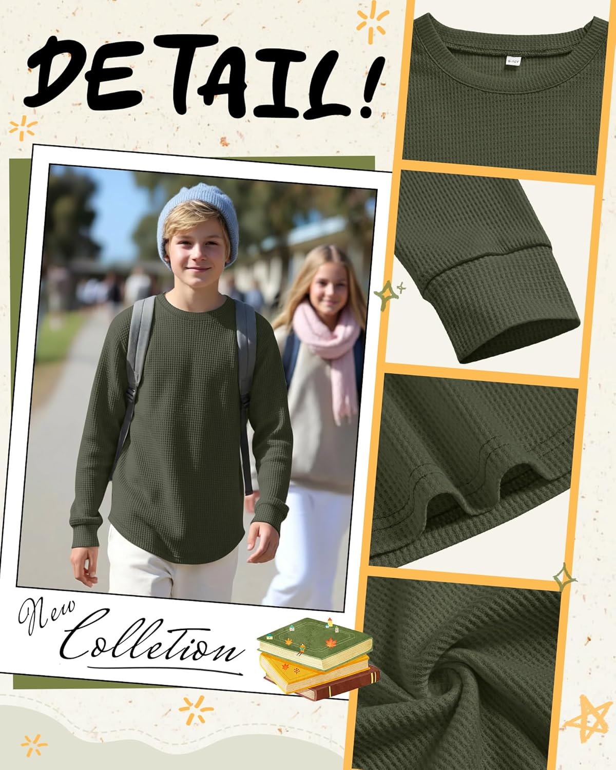 3 Pack Boy's Waffle Long Sleeve Shirts Thermal Crew Neck Cotton Blend Shirts with Curved Hem 3-16 Years - Image 3