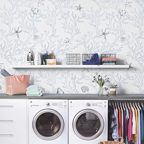 Miniatura 4 de WENMER Papel tapiz costero para despegar y pegar, 17.3 x 590 pulgadas, papel de contacto blanco y azul claro, conchas de coral, estrellas de mar,