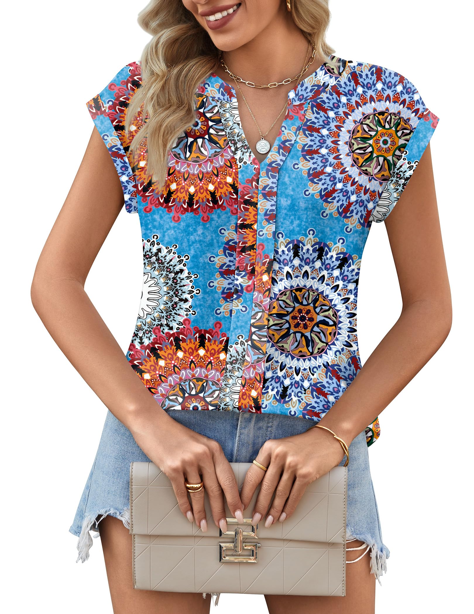 Zeagoo Oberteil Damen Elegant Top Ärmellose Tshirt Sommer Tanktops Cap Ärmel V-Ausschnitt Bluse Locker Blusentop Blauer Druck S
