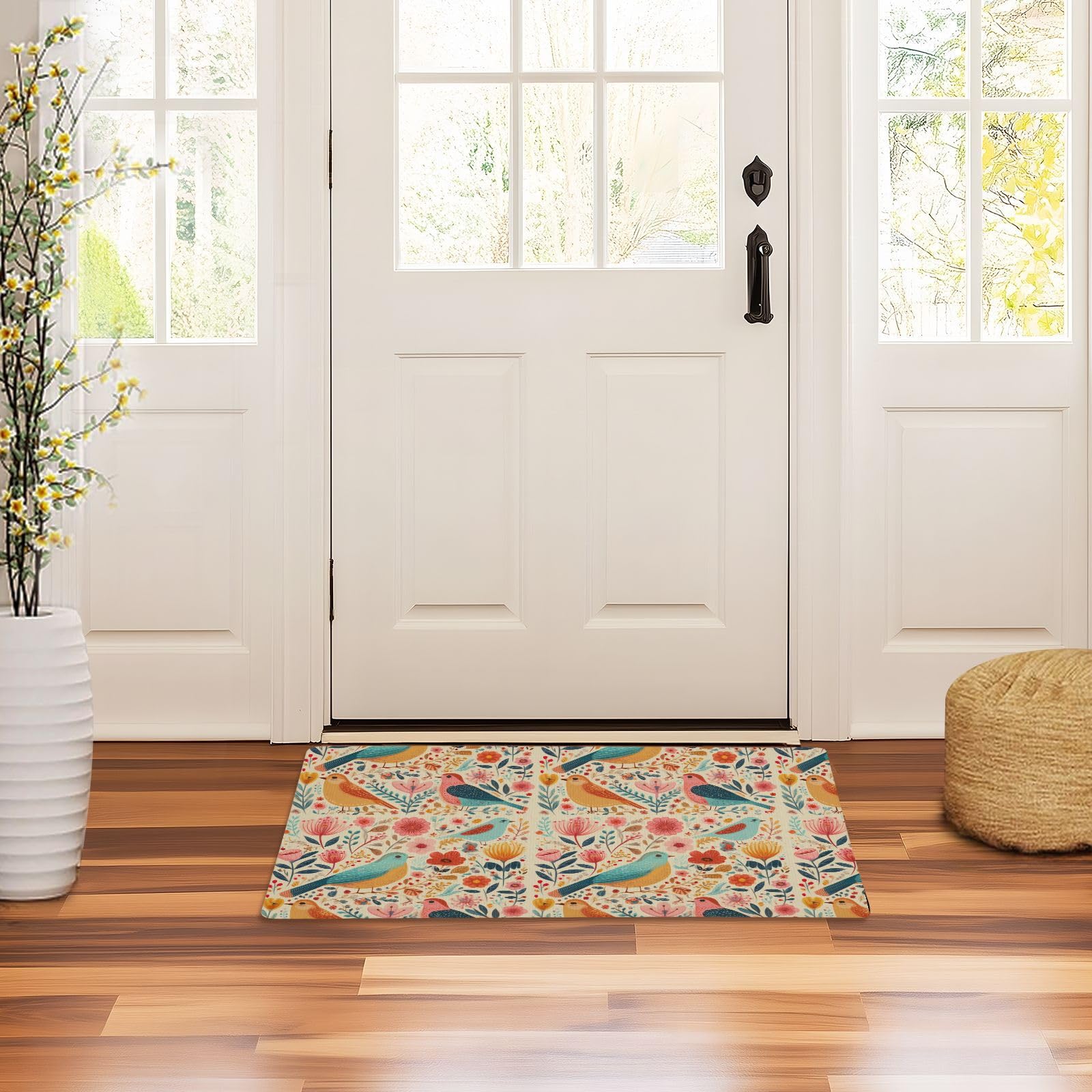 Tapis d'entrée absorbant pour terrasse et garage style oiseaux et fleurs