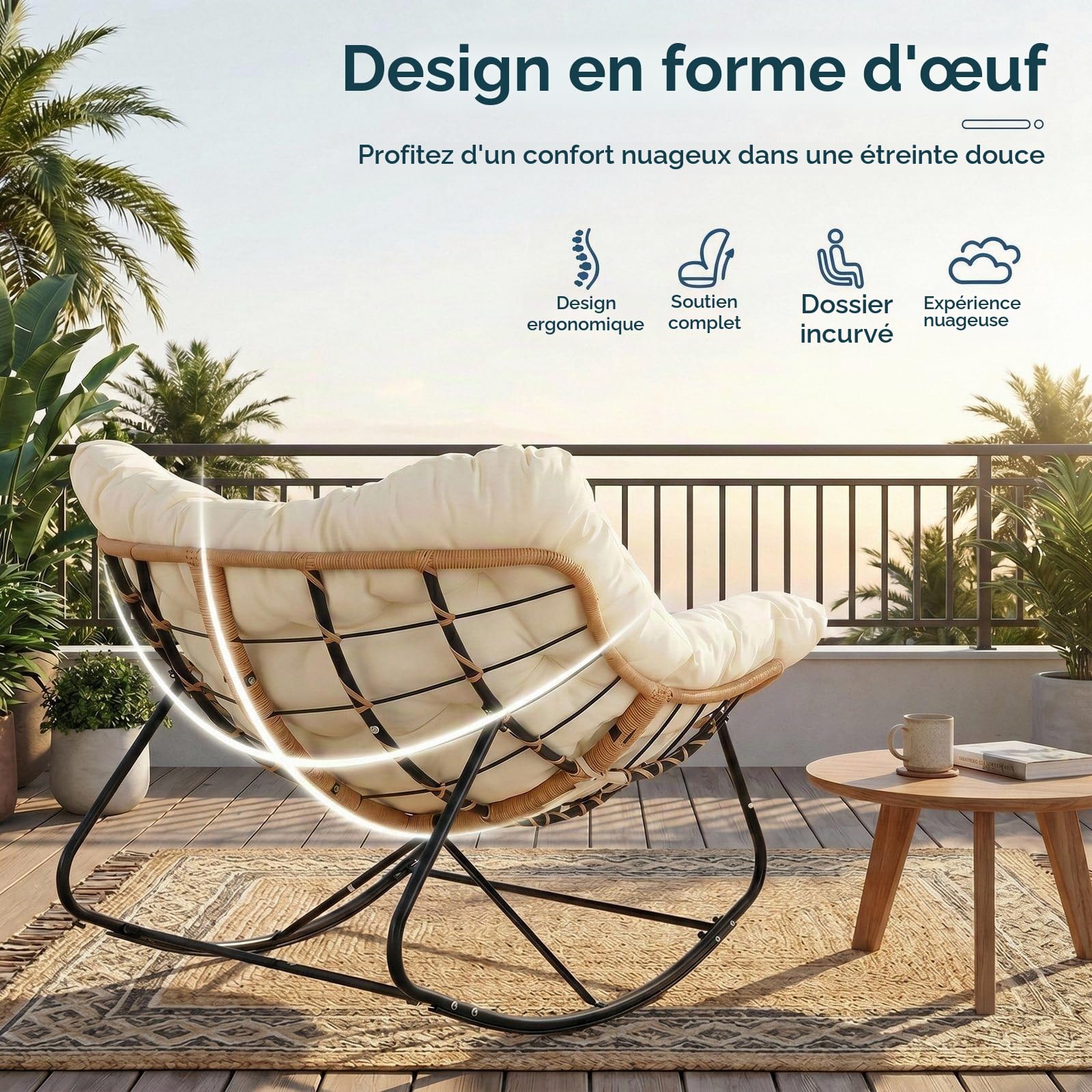 LIFERUN Fauteuil à Bascule XXL, Chaise a Bascule en rotin, Charge 150 kg