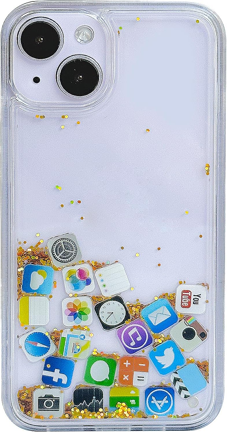 Skoveph Liquid Glitter Case Compatible with iPhone 6 Plus/ iPhone 6s Plus, Hard Back Colorful Bling Quicksand with ios icon Apple APP Shine Phone Case (iPhone 6 Plus / 6s Plus, Gold Glitter)