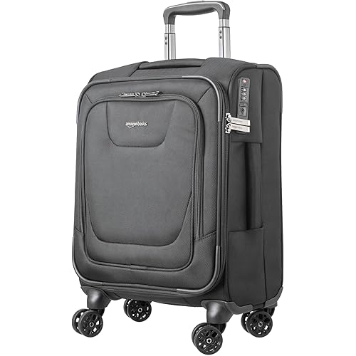 Amazon Basics 20" Luggage, Softside Suitcase With TSA Lock, 8 Spinner Wheels, Front Exterior Pocket, 3 Interior Pockets For Dry and Damp Clothes/Towels Separately, Black