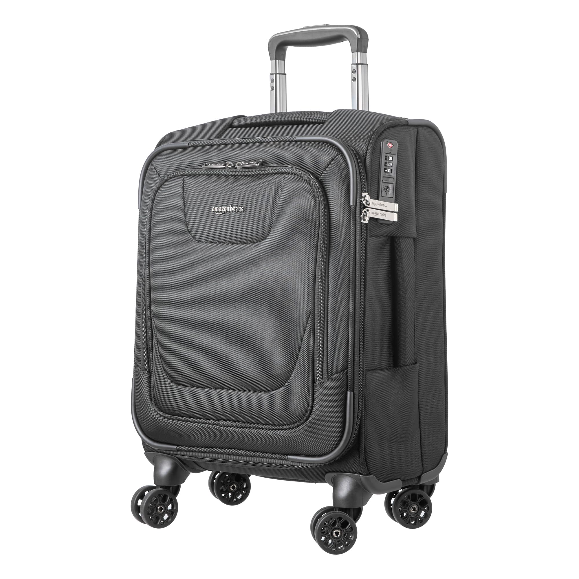 Amazon Basics 20" Luggage, Softside Suitcase With TSA Lock, 8 Spinner Wheels, Front Exterior Pocket, 3 Interior Pockets For Dry and Damp Clothes/Towels Separately, Black