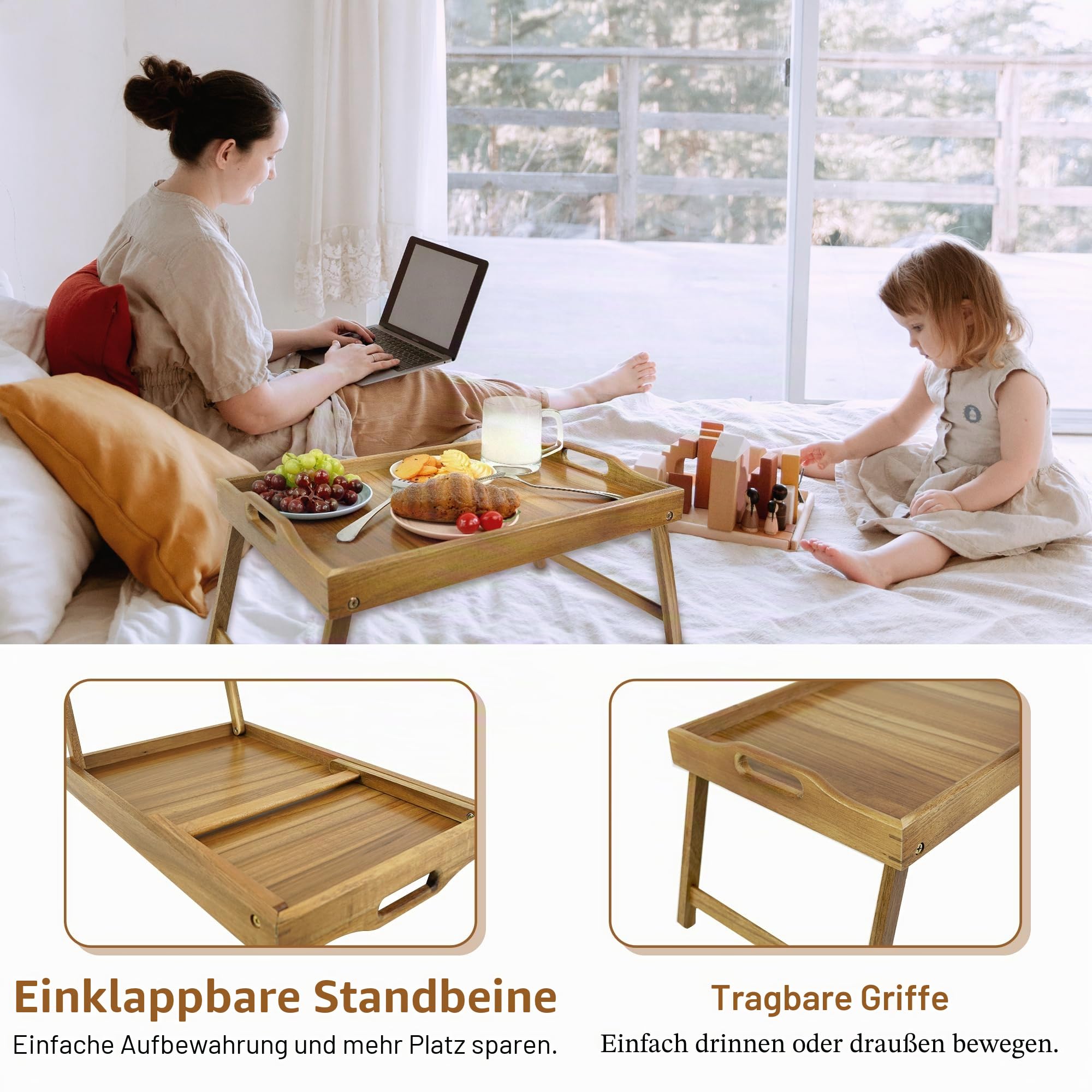 Utoplike Akazienholz Bett Tablett Tisch, großes Frühstückstablett