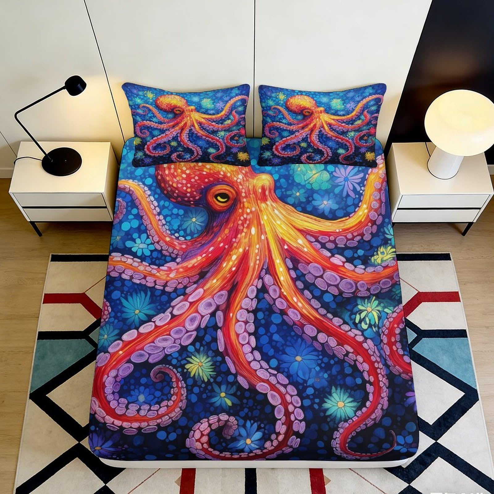3D Printed Ocean Octopus Fitted Sheet Microfiber Deep Pocket Non-Slip Bedroom Bedding Undersea Mattress Fitted Cover 200x200x25cm 90x200x25cm