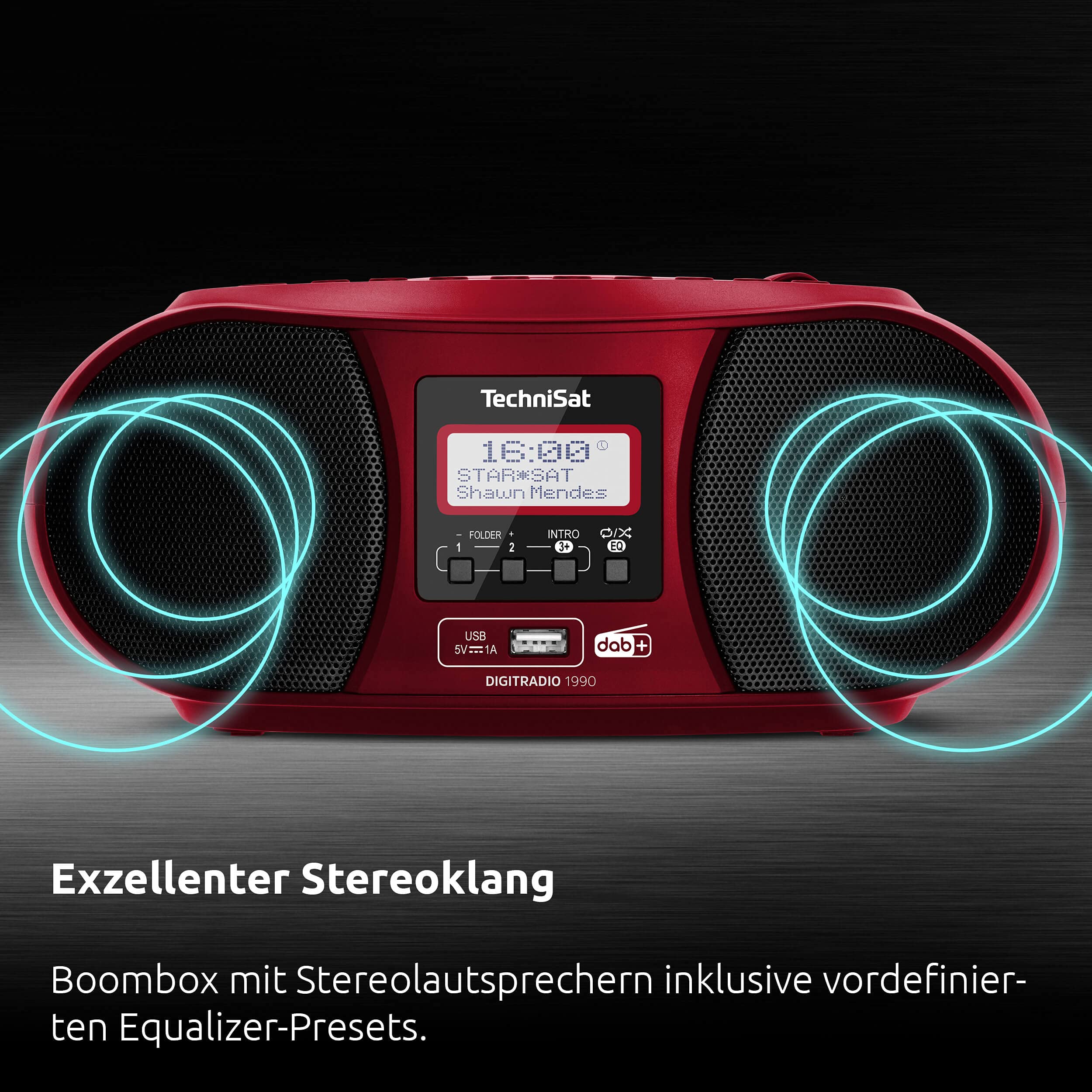 TechniSat DIGITRADIO 1990 - Stereo-Boombox mit DAB+/UKW-Radio und CD-Player (Bluetooth-Audiostreaming, Kopfhöreranschluss, USB, AUX in, Ladefunktion, Uhr, 2 x 1,5 Watt Ausgangsleistung) rot