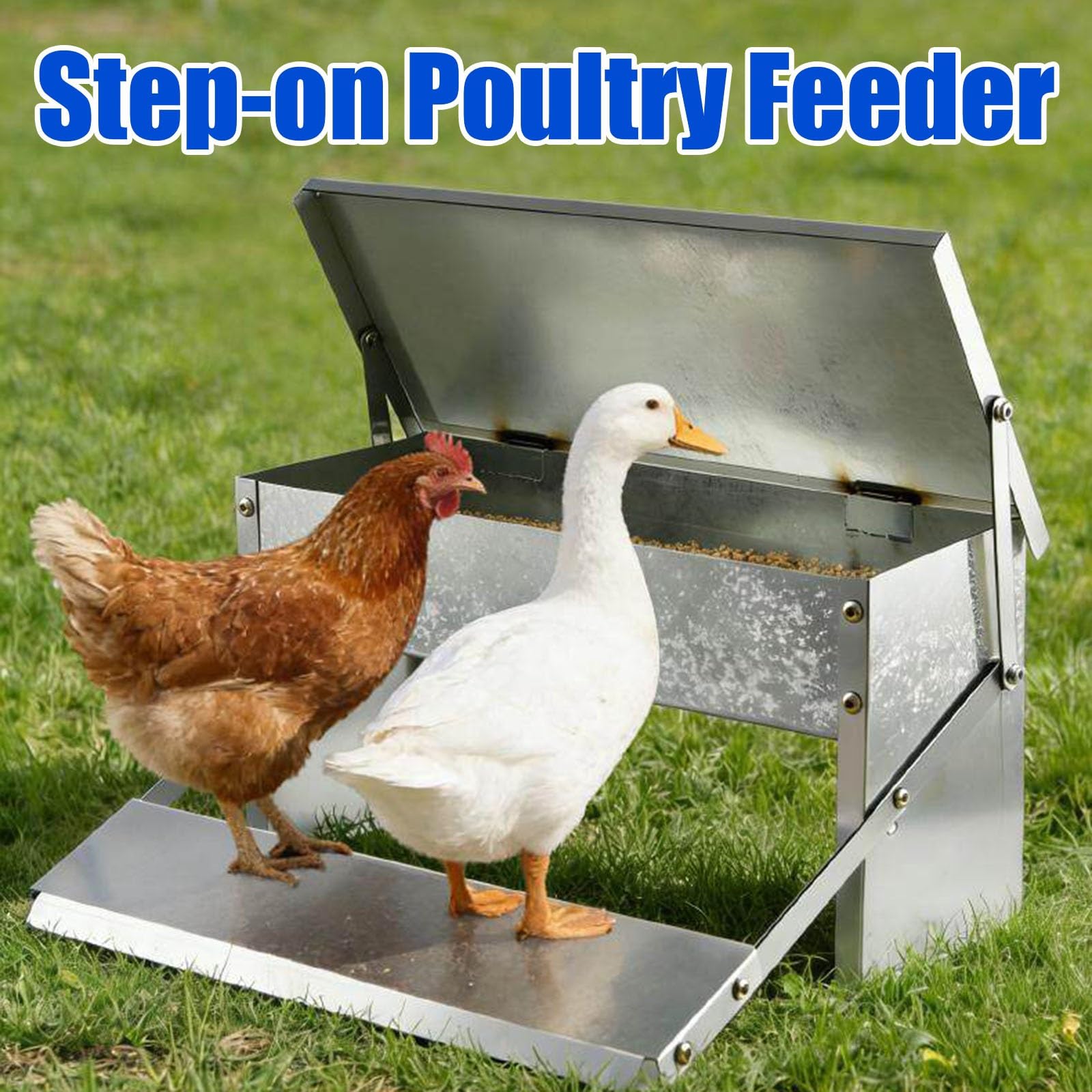 Comedero A Pedal Para Gallinas, Comedero Automático Metálico Para Aves, Sin Desperdicio Y A Prueba De Roedores, Tapa Resistente A La Intemperie, Para Gallinas Enanas Y Faisanes(95x17.5x17.5cm)