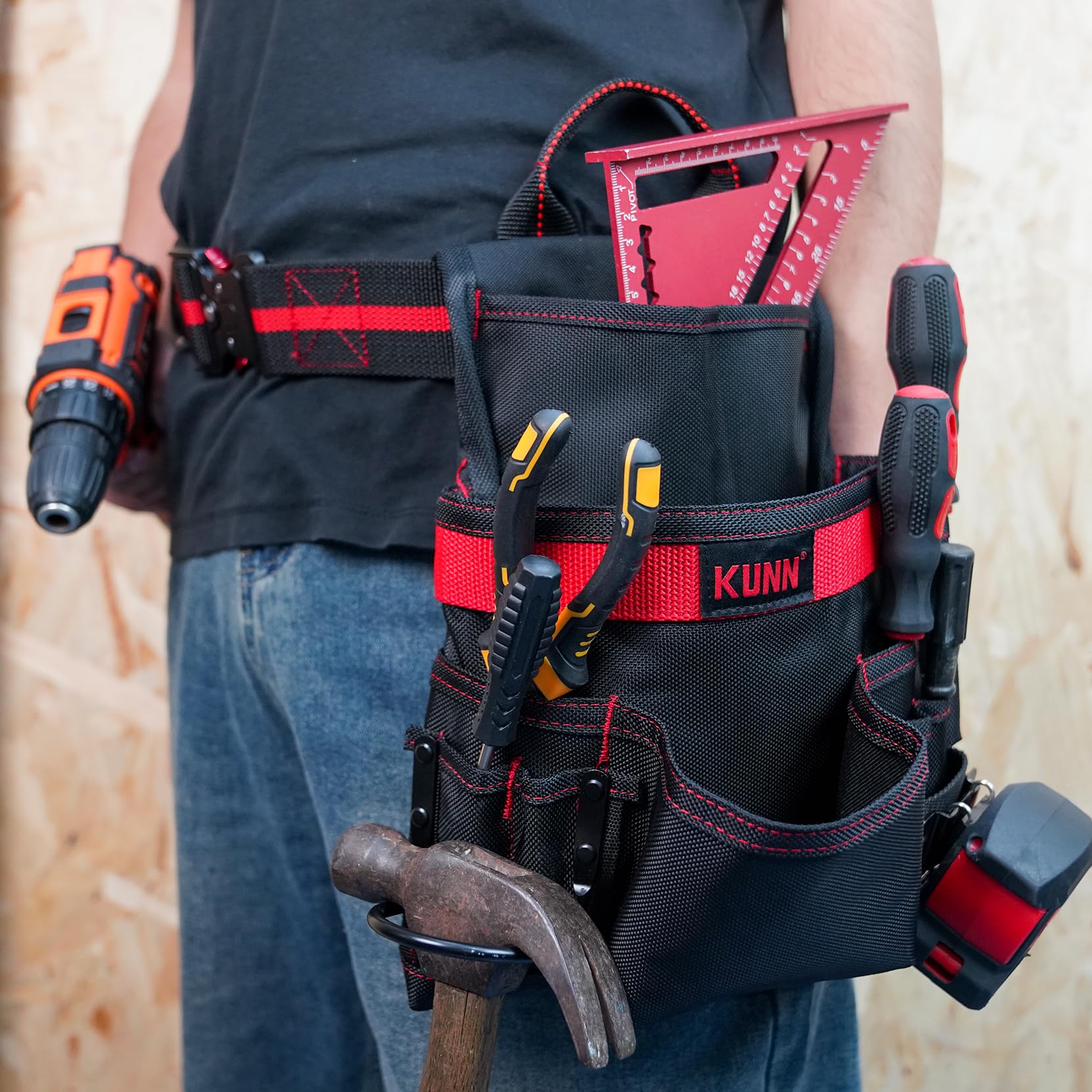 KUNN Bolsa de herramientas de carpintero de 10 bolsillos, cinturón ajustable de 2 pulgadas, construcción resistente, soporte para martillo y clip de cinta métrica