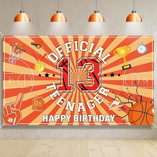 Telón de fondo oficial de cumpleaños de 13 años para adolescentes, decoración de fiesta temática de baloncesto, decoración de feliz cumpleaños 13