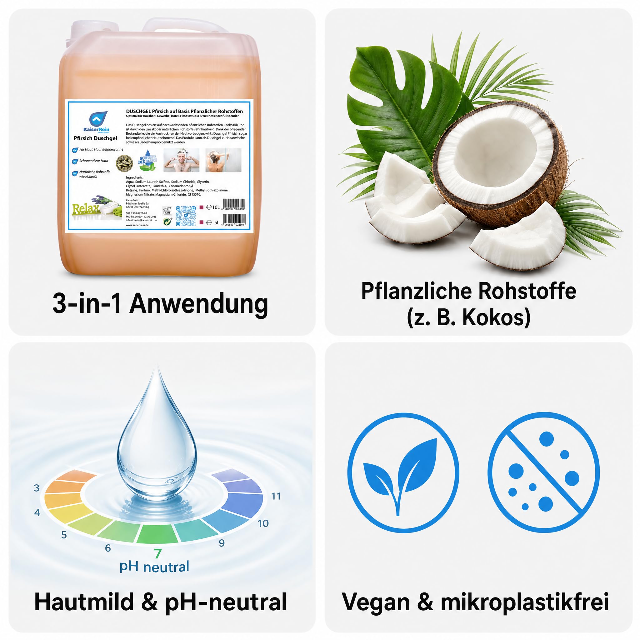 KaiserRein Duschgel Pfirsich, 10 L Kanister – 3-in-1 für Körper, Haare & Bad, Großpackung/Nachfüllpack für Duschgelspender, pH-neutral, vegan, mikroplastikfrei, paraben- & EDTA-frei
