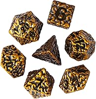 Vista 7 de Cusdie Juego de 7 dados de metal DND, dados de metal con diseño cerebral, juego de dados poliédricos D&D con bolsa de dados de calavera