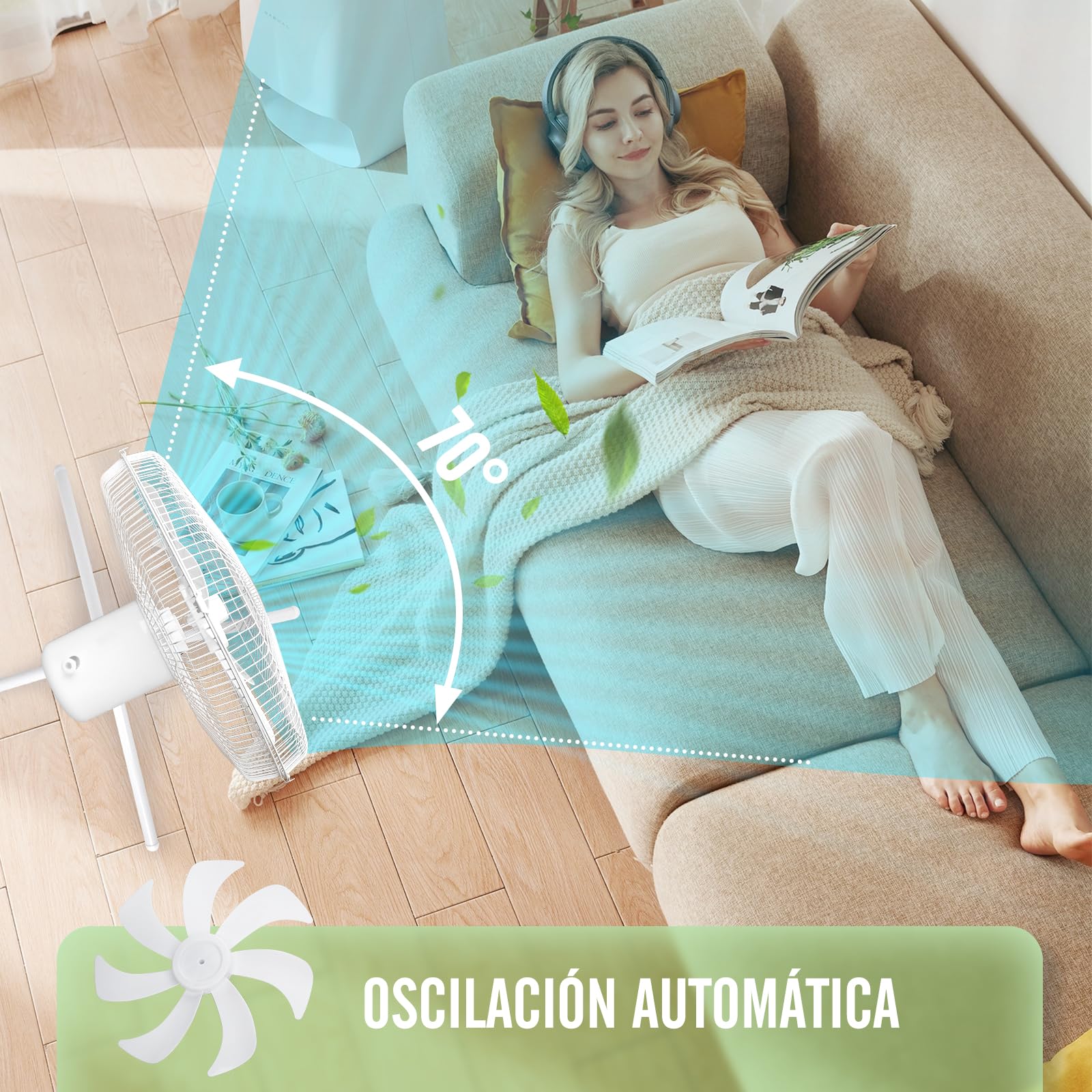 Aigostar Ventilador de Pie con 7 Aspas, Altura Ajustable 108-130cm, Ventilador Silencioso (43 cm Ø), Oscilante 70°, 3 Velocidades, para Salón, Dormitorio y Oficina, Erika