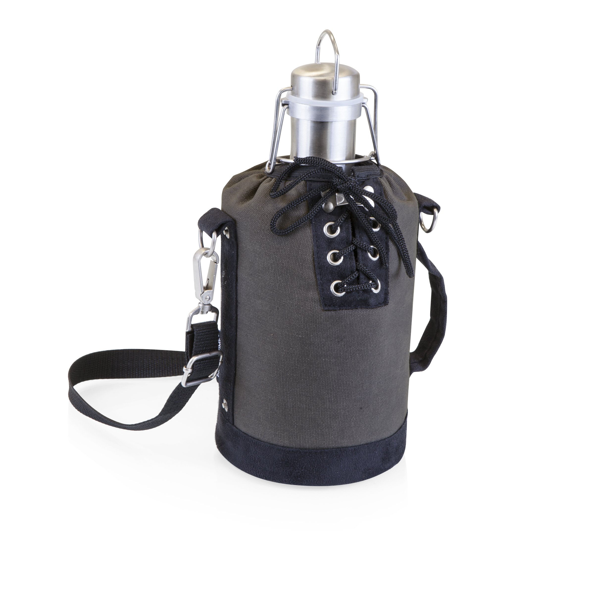 LEGACY - a Picnic Time Brand Stainless Steel Growler with Gray and Black Canvas Lace up Growler Tote, 64-Ounce