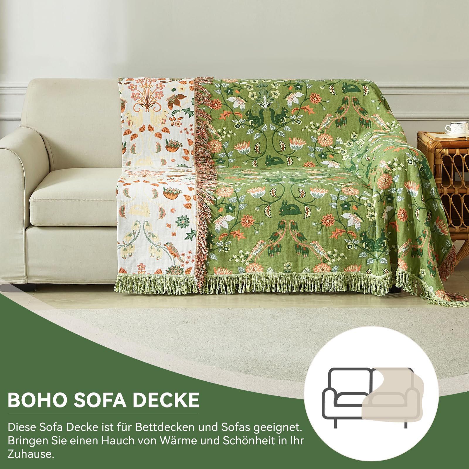 Bailix Narzuta w stylu boho, 100% bawełna, z frędzlami, dwustronny koc w stylu boho, 150 x 200 cm, przytulny koc na sofę i narzuta
