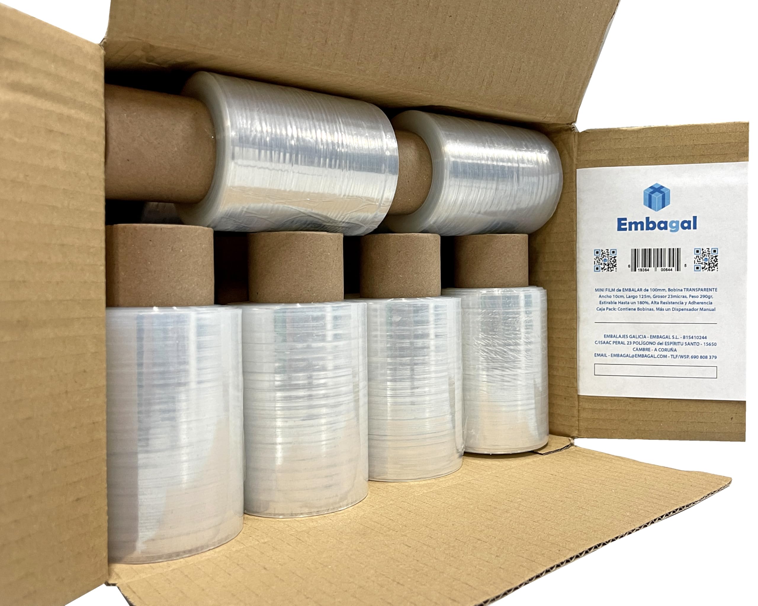 MINI FILM Manual de EMBALAR | Ancho 100mm, 125Metros de Largo, 180% ESTIRABLE | BOBINA de PLÁSTICO de POLIETILENO de 23μ Micras, 290gr | Pack: (TRANSPARENTE, 42ud)