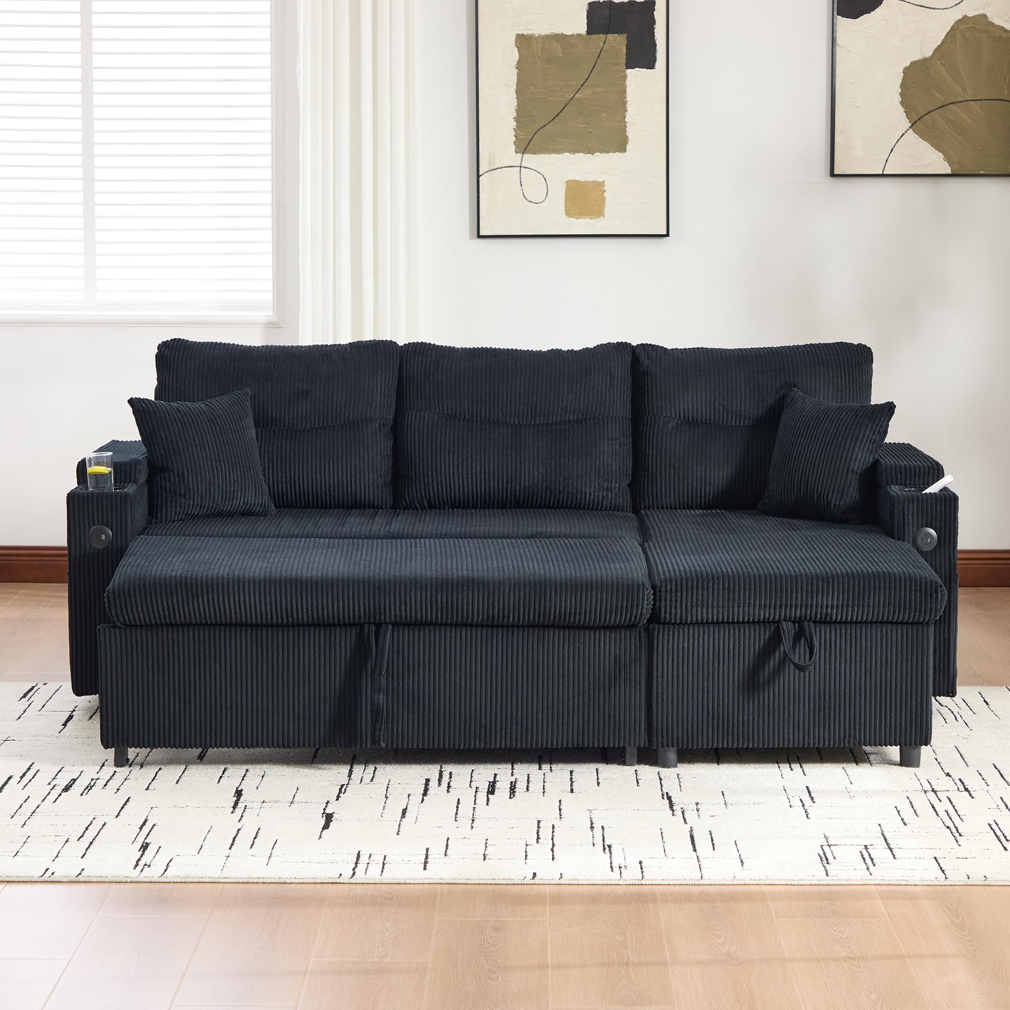 Moderno Chaise Longue Sofá Cama 3 Plazas con USB-C, Rinconera con Arcón Almacenaje y Portavasos, Sofá Cama de Pana Extraíble con Canapé Hidráulico, 212cm Mueble Salón, Negro