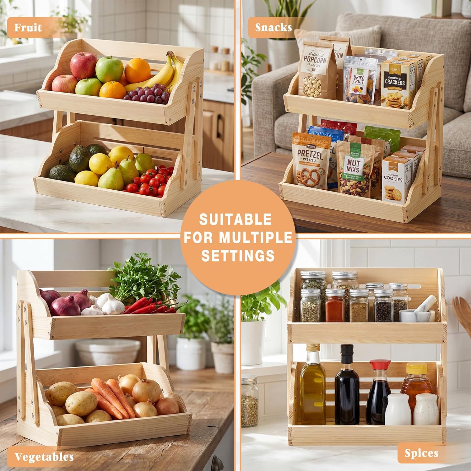 Patelai 2-Tier Pine Wood Fruit Basket Holder, Farmhouse Style Fruit Stand with Wavy Edges & 4 Sturdy Legs, Hollow Ventilation Design Keep Produce Fresh, Kitchen Counter Storage Rack