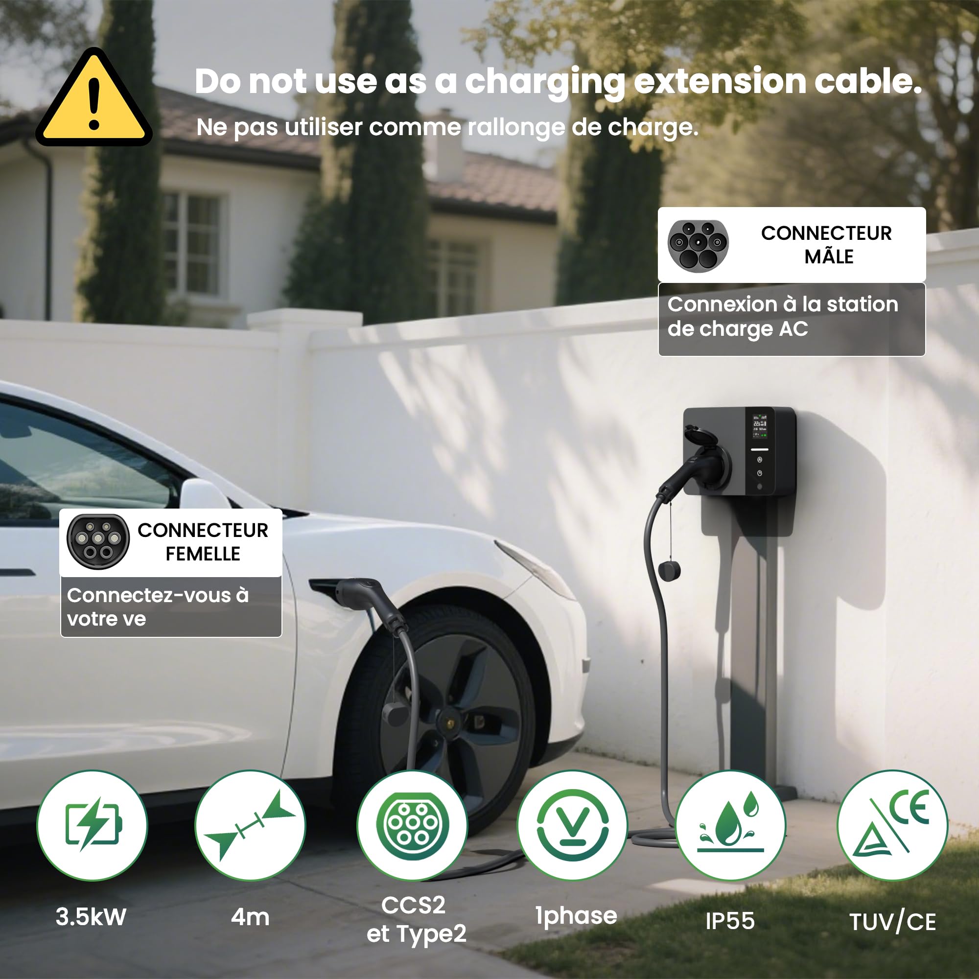Cavo di Ricarica Auto Elettrica Tipo 2 verso Tipo 2, IEC 62196-2, per Stazione di Ricarica AC e Veicoli Elettrici, Non Prolunga (16A, 4m)