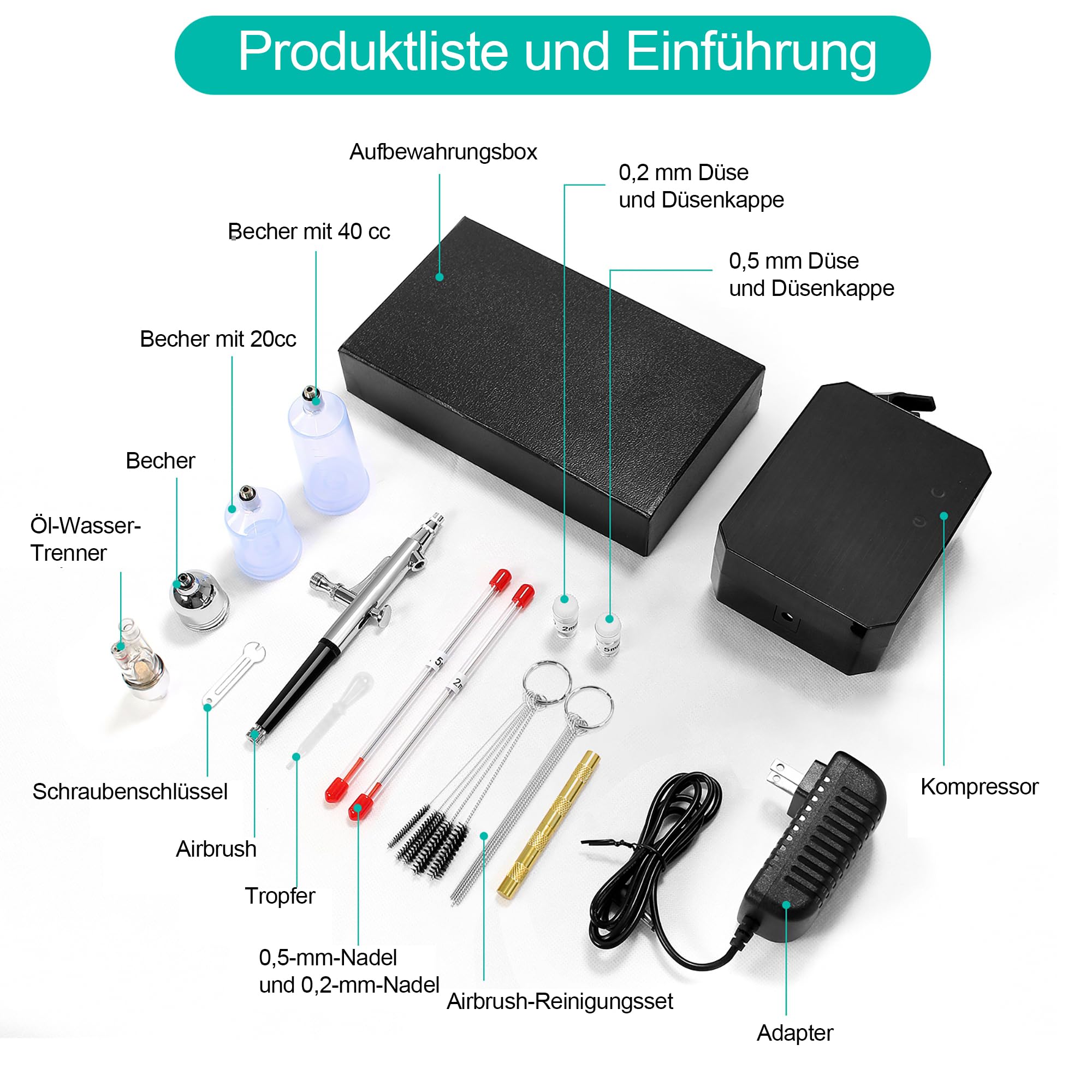 Airbrush Set Kompressor 40 PSI Dual Action 0,2/0,3/0,5 mm Düsen 15-teilig Tragbar Schwarz