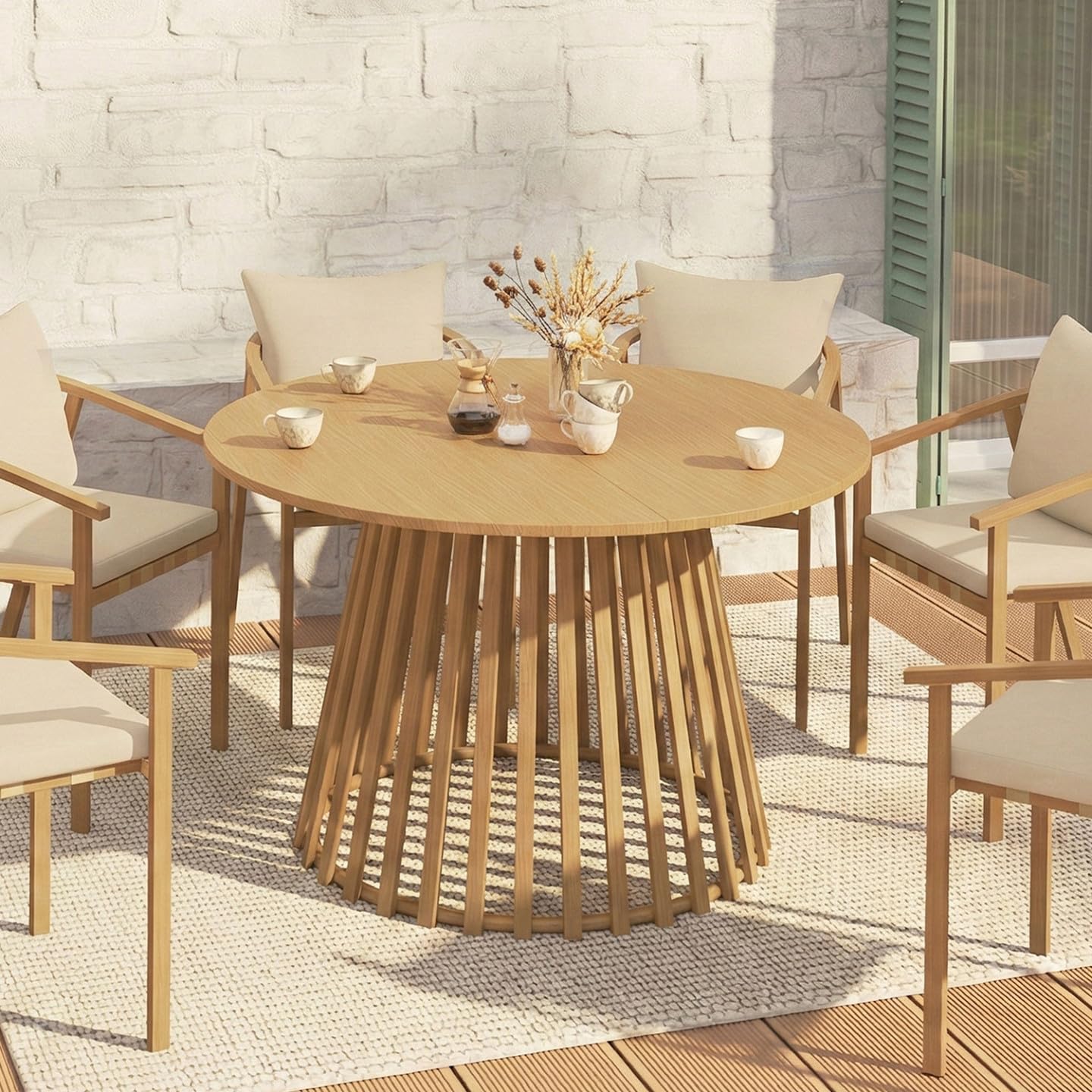 Table de Jardin Ronde SOLAL 120 cm 6 Personnes Pied Lattes Métal Effet Bois