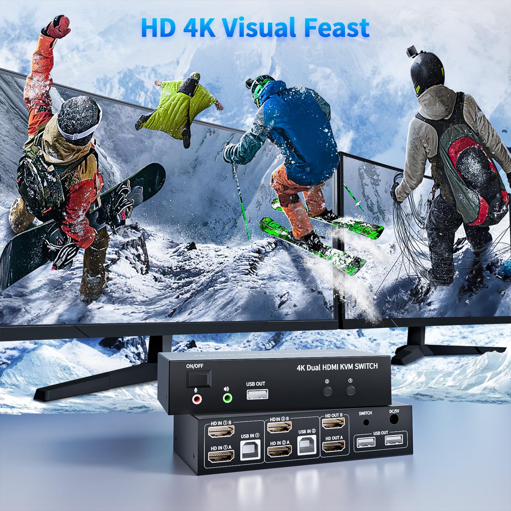 Bolaazul Switch KVM a 2 Porte HDMI USB 4K@60Hz, Dual Port USB 2.0 HDMI 2.0 Switcher 2x2, Tastiera Mouse Peripheral Switcher 2 in 2 Out per 2 PC 2 Monitor