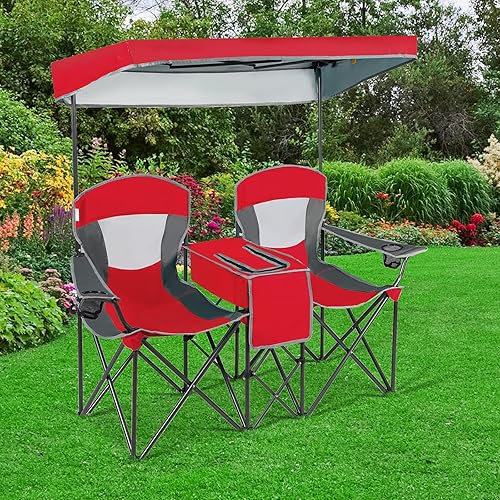 Miniatura 2 de DORTALA Silla de camping doble con toldo, silla de playa plegable para 2 personas con toldo para dosel, soporte para bebidas y bolsa de