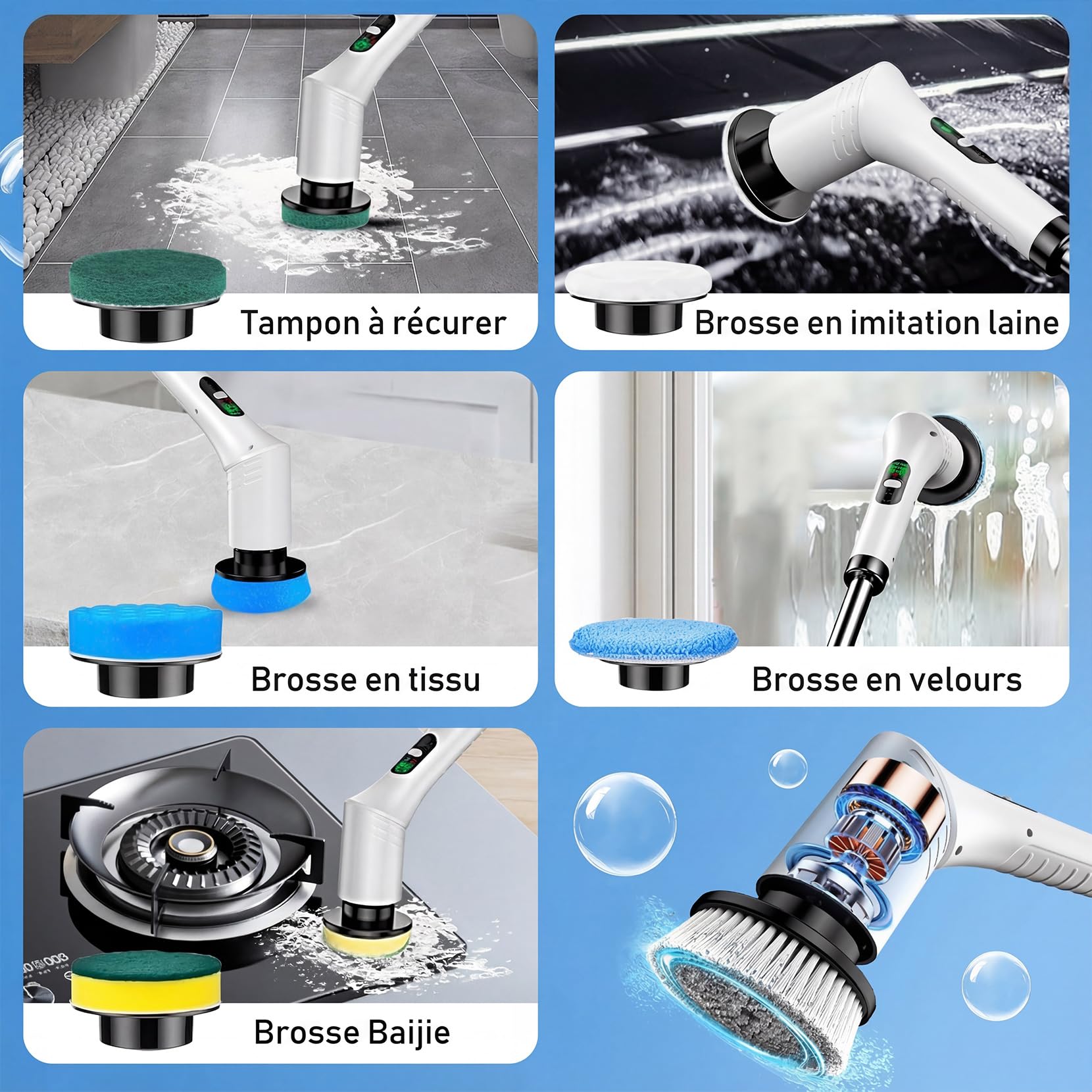 Brosse Nettoyage Electrique avec 9 têtes, Brosse Electrique Nettoyage étanche IPX6, 2 Vitesses Télescopique Brosse Rotative pour Salle de Bain, Cuisine, Sol, Voiture