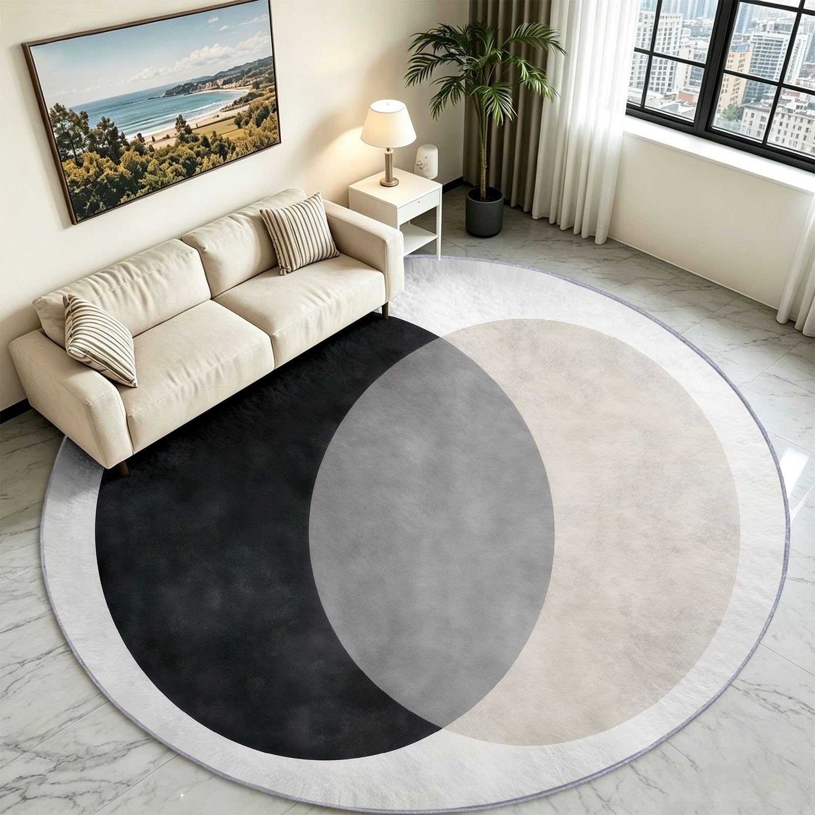 Générique Tapis Enfant Rond Chambre d'enfant Filles Garçons, Moderne Minimaliste Tapis Rond Lavable & Antidérapant pour Salon Chambre Cuisine Salle à Manger Chambre (200 cm, Cercles Noir Blanc)