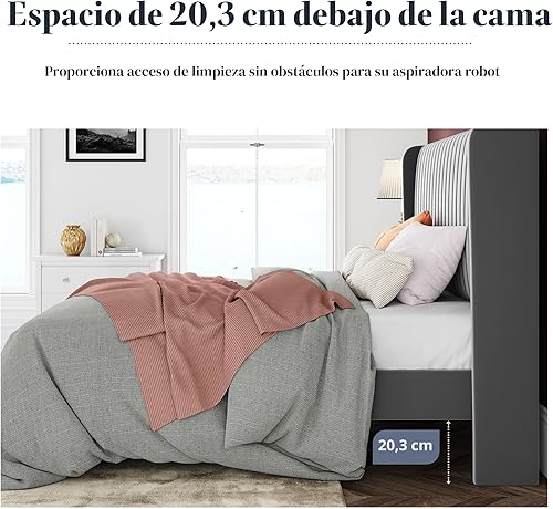Miniatura 8 de Allewie - Base de cama tamaño Full con cabecera acolchada tapizada en terciopelo y diseño acanalado vertical; plataforma de cama tapizada; listones