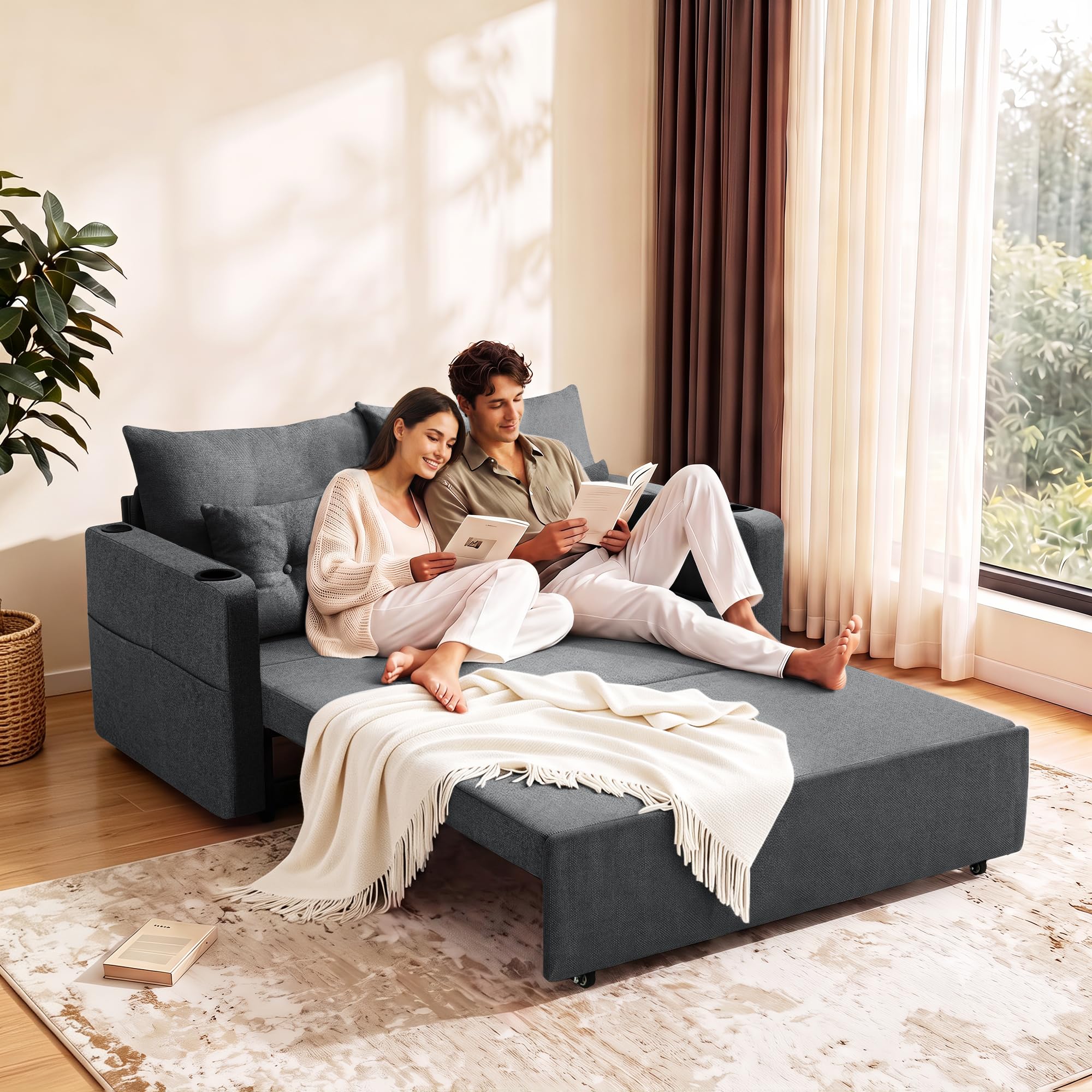 Krcix 3 in 1 Sofa Bed, 56" Pull Out Couch, Convertible Loveseat Sleeper | Sleeper Sofa with Cup Holder, Storage Pocket, USB, Family Couches for Living Room, Bedroom, Apartment, Dark Grey