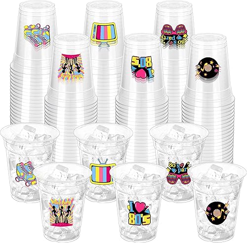 100 vasos de plástico desechables para fiestas de los 80 de 12 onzas de regreso a los 80, vasos transparentes desechables para discoteca de los 80,