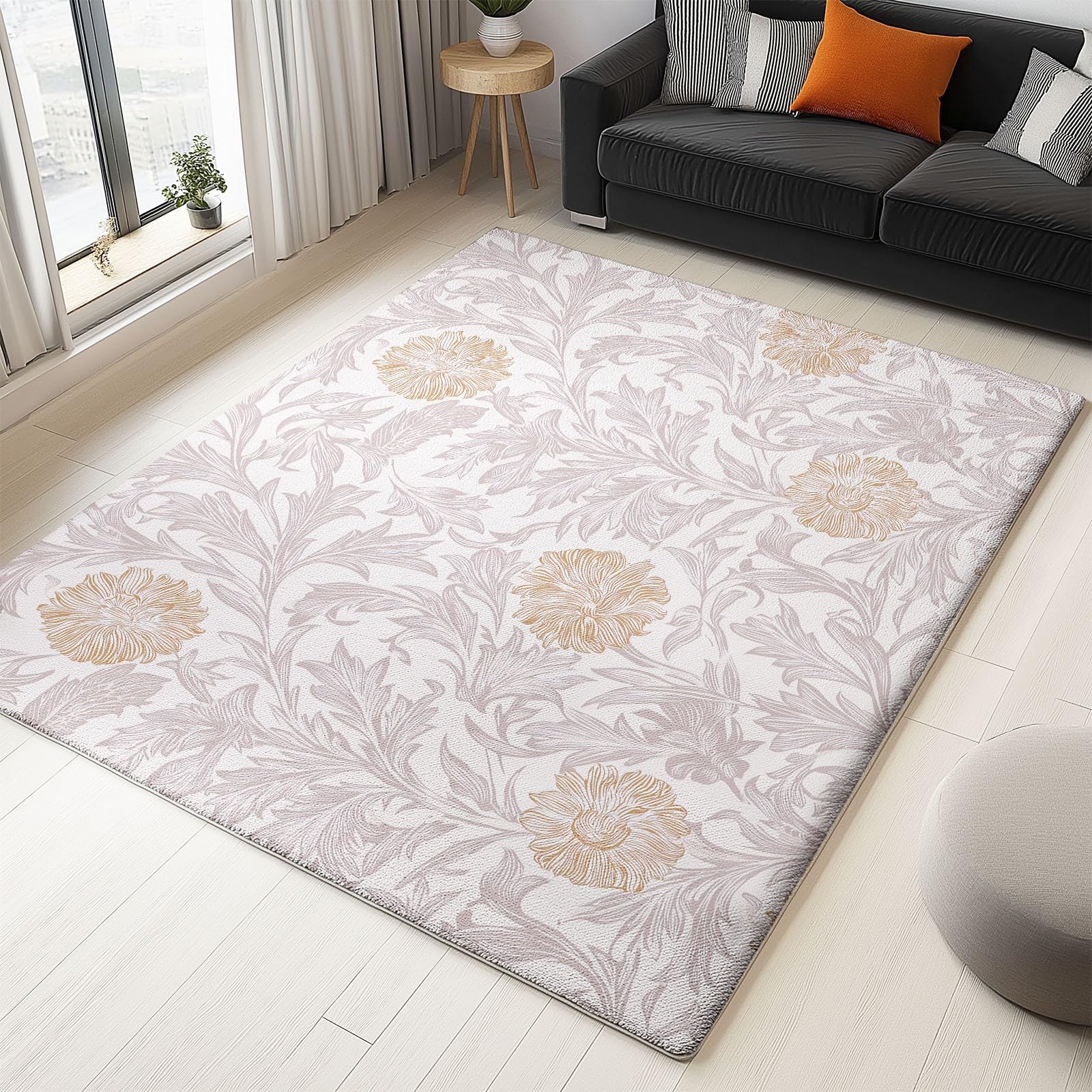 Dywan i przyjemnie miękki, 160 x 220 cm, jasnoróżowy dywan z krótkim włosiem do jadalni, kuchni i biura, dywaniki eleganckie wykwintne kwiatowe liście antypoślizgowe