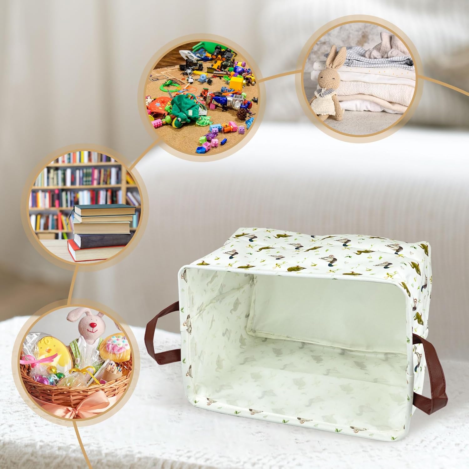 Cute Mallard Duck Storage Basket Waterproof Canvas Toy Storage Bin Mallard Duck Room Decor Collapsible Outdoor Basket with Leather Handles Duck Decor Blanket Baskets For Closets,Bedrooms,Gifts Baskets - Image 3