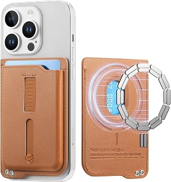 Micoden Compatible with MagSafe Wallet, 3 Card Holder with Secure Grip, Finger Loop Slim Vegan Leather Magnetic Wallet for iPhone 16/15/14/13/12, Not for Mini, Not Find My Compatible, Brown