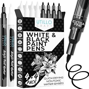 Utillo Craft Black and White Paint Pens (8-Pack) Extra Fine 0.7mm | Paint Markers for Metal, Fabric, Wood, Glass, Paper, Plastic, Rock, Leather | Bold Color Permanent Black and White Acrylic Markers