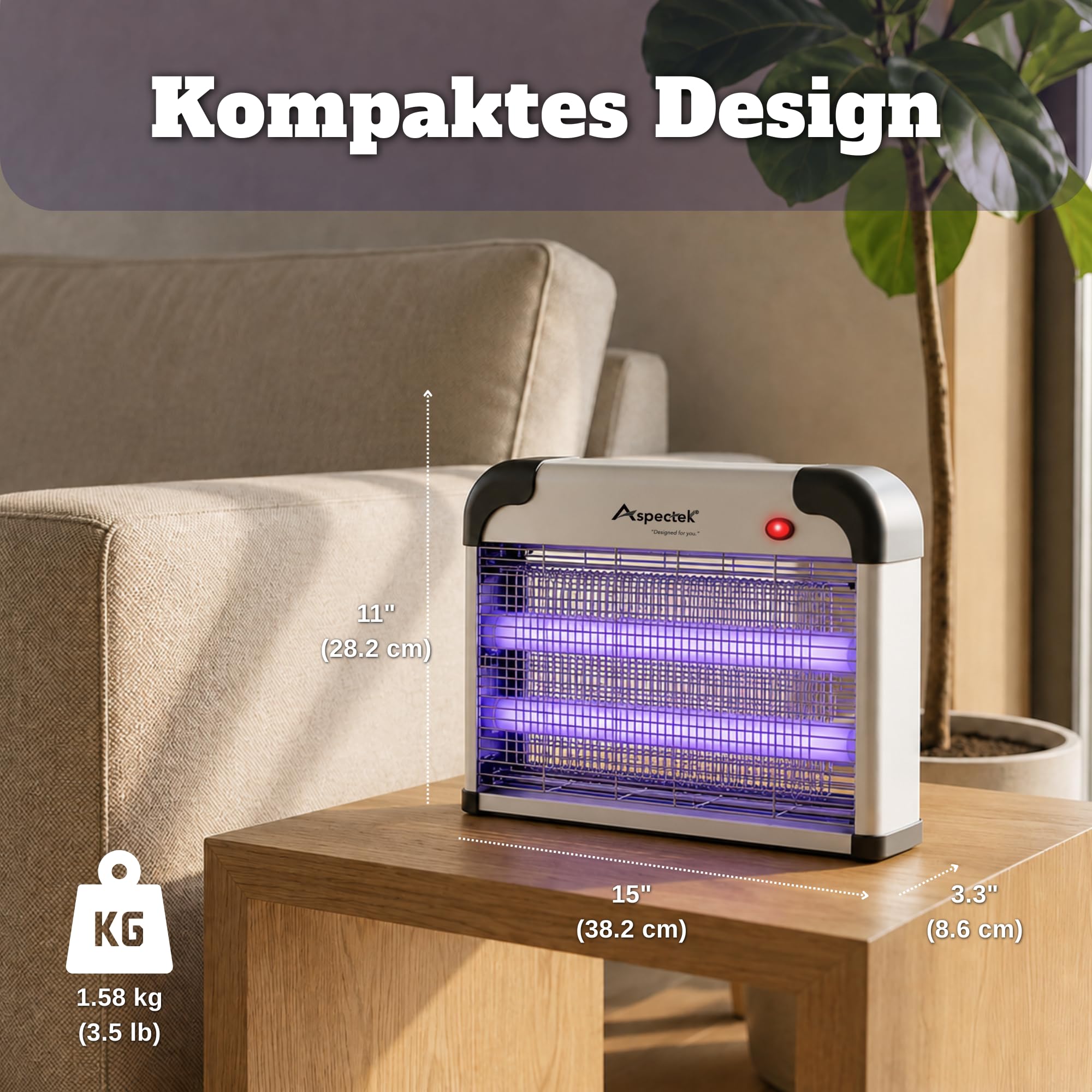 ASPECTEK Elektrischer Insektenvernichter 20W 2800V – UV Mückenfalle & Fliegenfalle für Innen, Insektenlampe gegen Mücken, Fliegen, Gnitzen, Inklusive 2 Ersatz-UV-Röhren