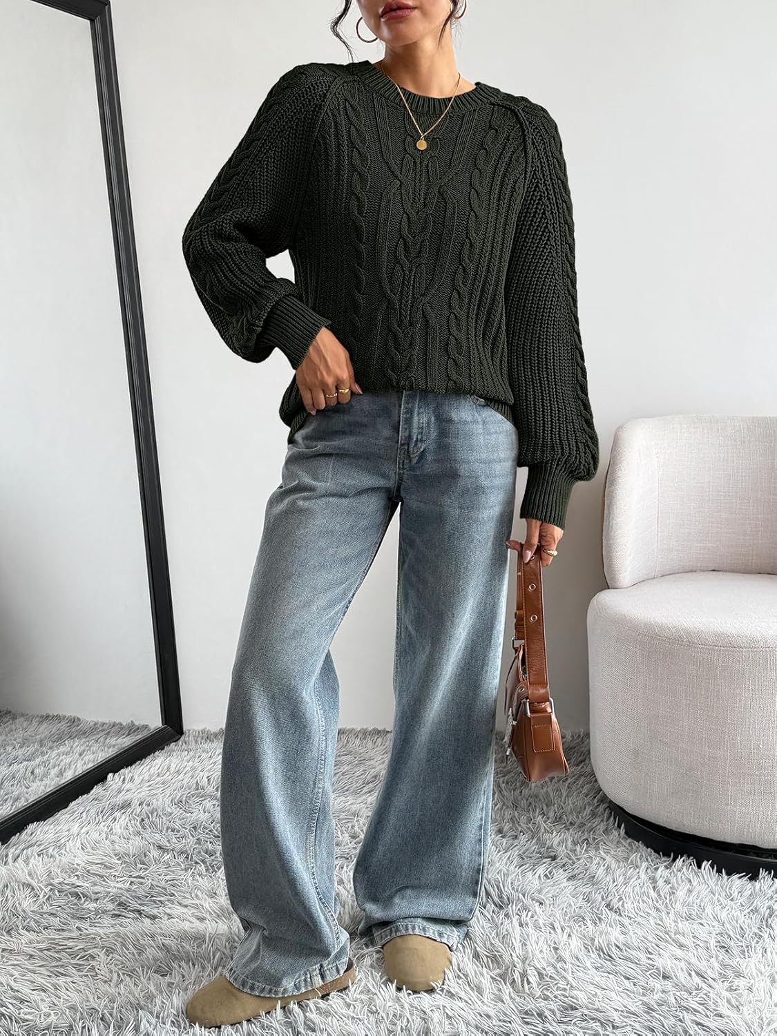 Trendy Queen Women's Oversized Cable Knit Crewneck Fall Pullover Sweaters - Image 6