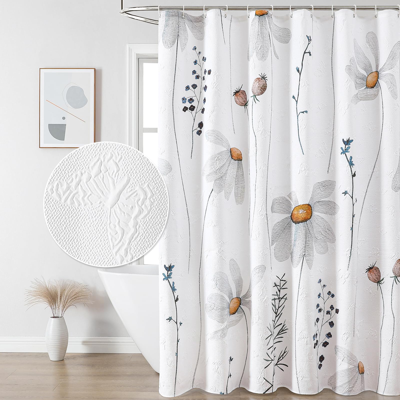 QiyI Floral Shower Curtain, 3D Embossed Butterflies Flower Bathroom Curtain, Watercolor Grey Daisy Minimalist White Cloth Bath Curtain, Waterproof