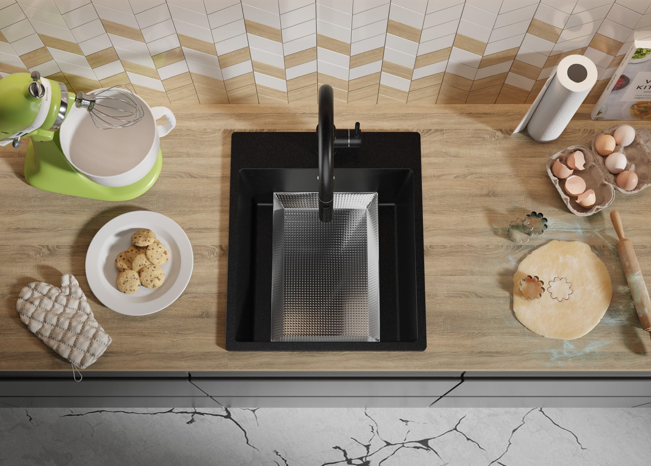 PRIMAGRAN Fregadero Cocina Negro 43x50cm, Granito 1 Seno + Sifón, Sobre Encimera al Mueble 45cm - Riga S125