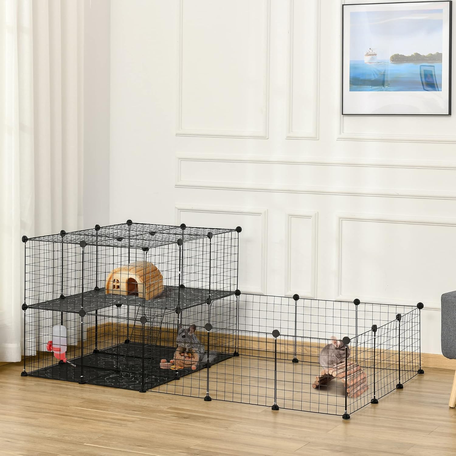 Assembled PawHut Pet Playpen showing a multi-level section and an open play area, with a small pet inside.