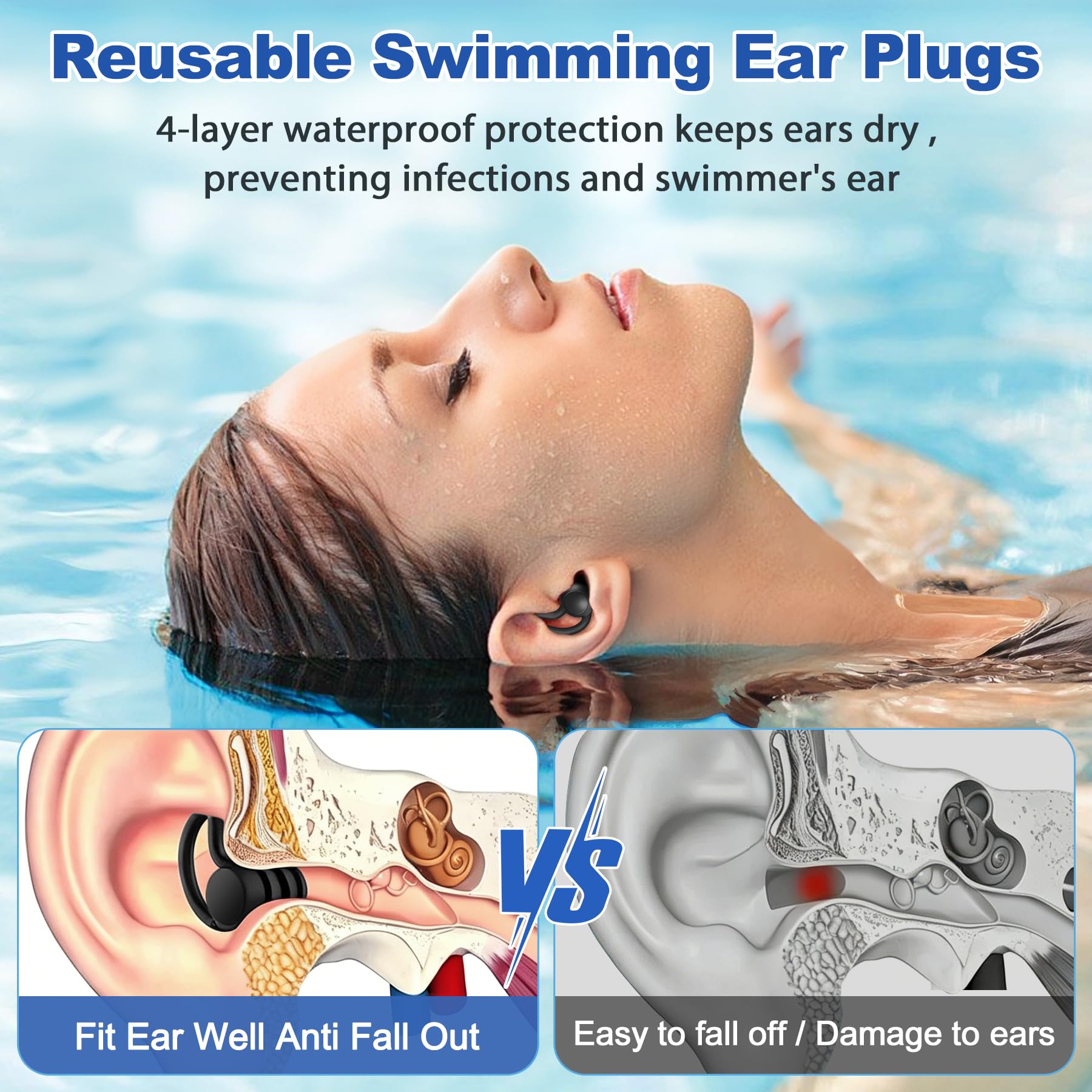 Tappi per le orecchie per adulti e bambini, 3 paia di tappi per le orecchie riutilizzabili in morbido silicone, perfetti per surf, immersioni, piscina, doccia e altri sport acquatici